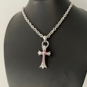 クロムハーツ 925 シルバー 18K ゴールドメッキ ピンクダイヤ ダブルレイヤー クロス ペンダント