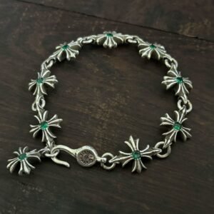 クロムハーツ 925 シルバー 九連 クロスフラワー グリーンダイヤ ブレスレット