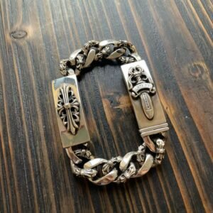 クロムハーツ 925 シルバー ワイドモデル クロスソード ダブル ID ハーフフラワー ロブスタークラスプ ブレスレット